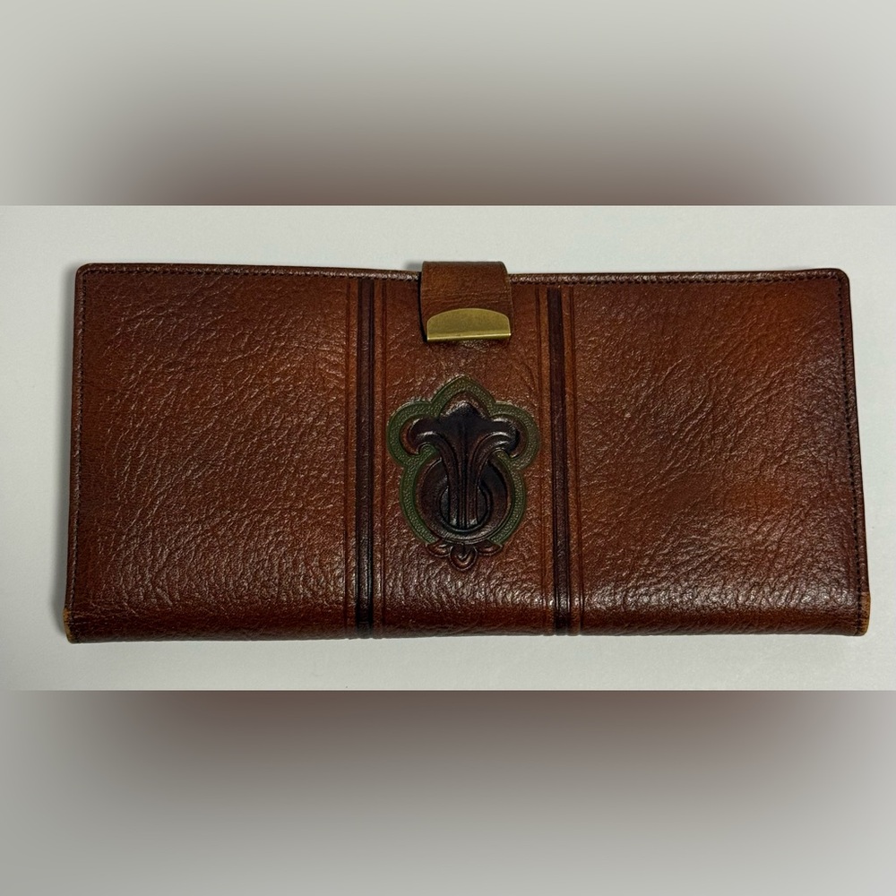 Vintage Meeker Leather Clutch Wallet Brown Fleur De Lis Boho Checkbook